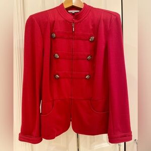 NY Collection,Red Zipper Jacket,Decorative Military Style Buttons, Skirted Back